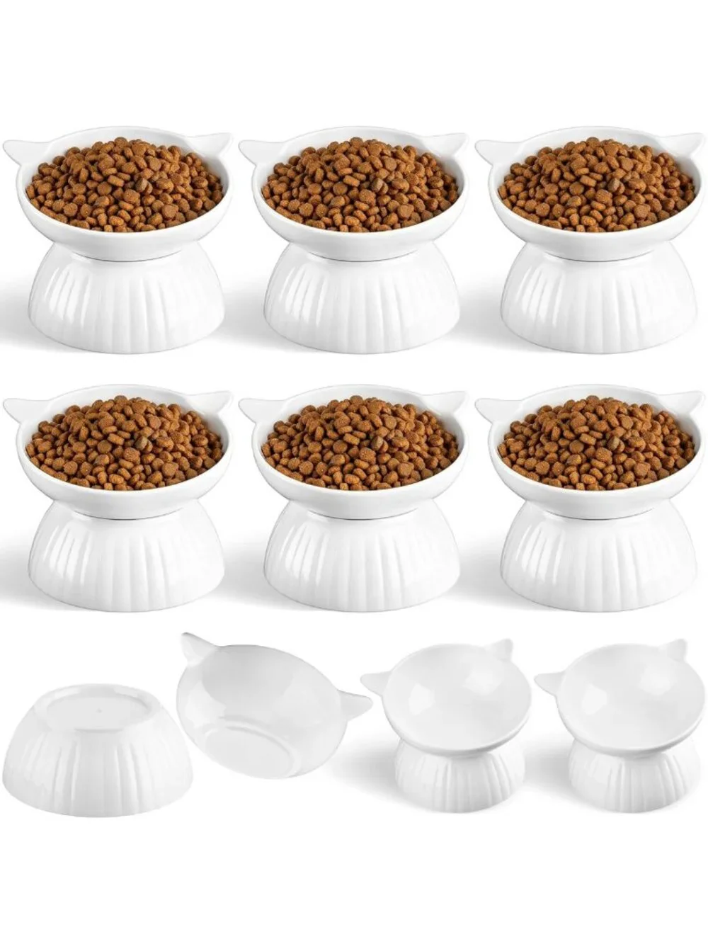 6 Pack Tilted Ceramic Cat Bowls - Anti-Vomiting, Elevated Feeder for Cats